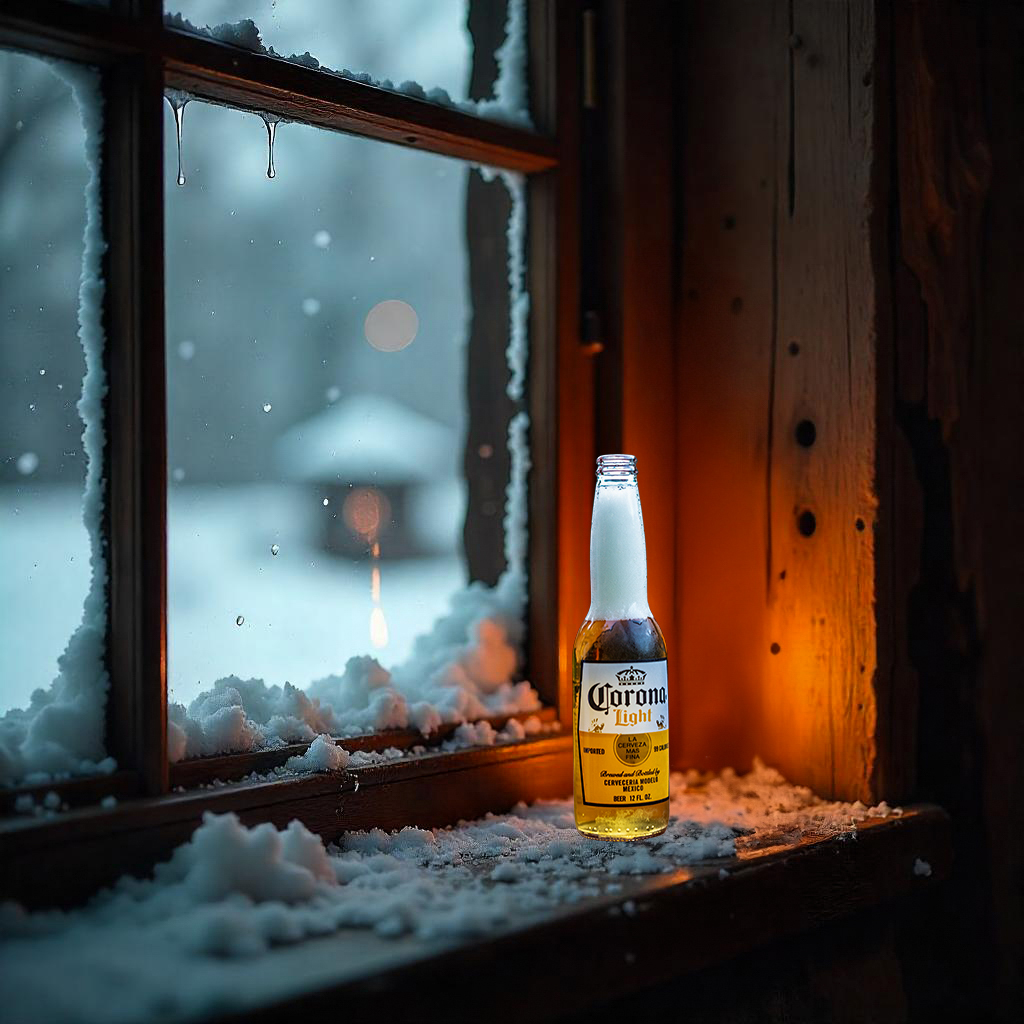 Corona composite with AI context assistance corona bottle composite with AI generated window and snow setting