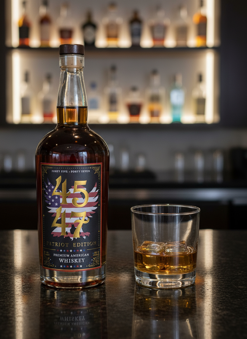 Whiskey composite with AI background assistance 45 47 whiskey with glass shot in studio AI assisted background composite